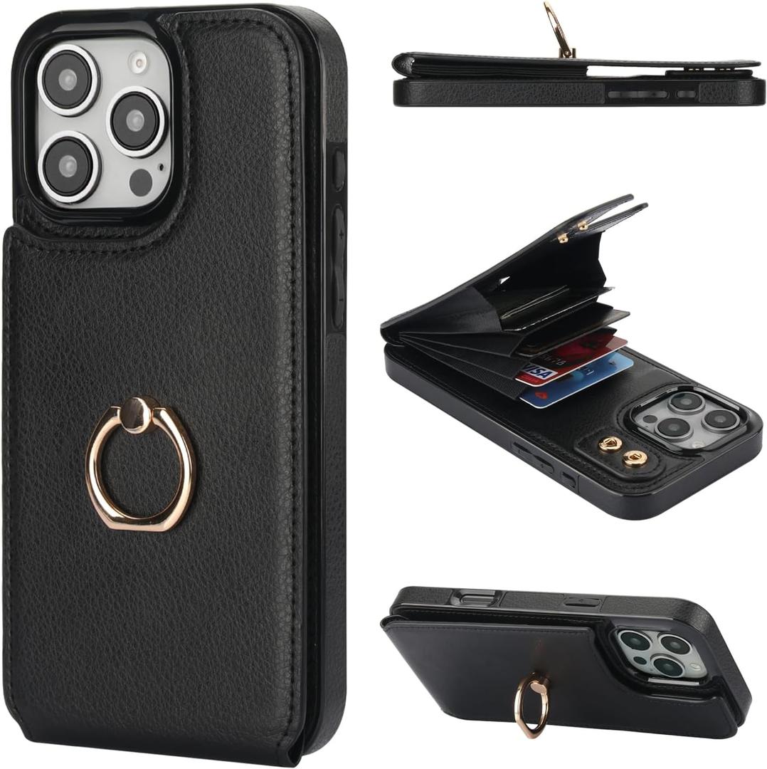 Folosu Compatible with iPhone 16 Pro Max Case Wallet with Card Holder, 360Rotation Finger Ring Holder Kickstand, RFID Blocking Leather Protective Double Buttons Shockproof Cover 6.9 Inch Black