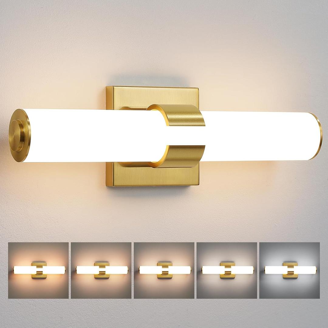 Gold Bathroom Light Fixtures - 16 Inch Modern Vanity Light 15W 5CCT Dimmable LED Bathroom Sconce with Acrylic Shade, Indoor Vanity Lighting Fixtures Over Mirror