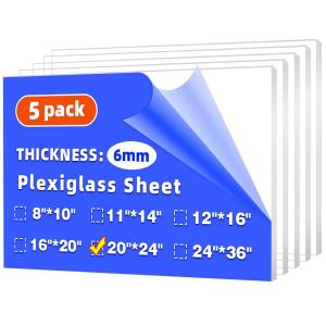 (5 Pack) 20" x 24" Plexiglass Sheets 1/4 inch Thick (6mm), Clear Acrylic Sheets Panel Cut to Size Plexiglass Acrylic Board, Cut with Engraver, Power Saw or Hand Tools, No Laser Cut.