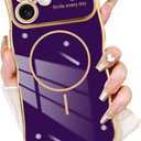 Fiyart Designed for iPhone 16 Case, Cute Wave Frame Curly Shape Love Hearts Plating for Women Girls Camera Protection Compatible with MagSafe Magnetic Shockproof Bumper 6.1"-Purple