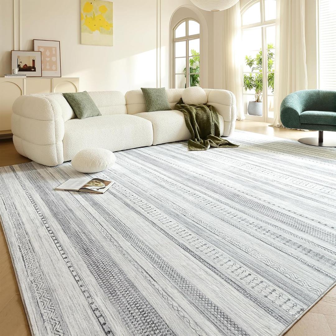 Area Rugs for Living Room: 9x12 Washable Boho Rug for Bedroom Large Neutral Bohemian Moroccan Farmhouse Geometric Dining Room Rugs Ultra Soft Floor Carpet Indoor for Home Office - Grey