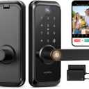 WiFi Video Smart Lock with Camera & Handle - 6-in-1 Keyless Entry (Fingerprint/App/Keypad/FOB/Key), Electric Deadbolt Door Knob for Front, Built-in WiFi, 2-Way Audio, Auto-Lock, Waterproof - Black