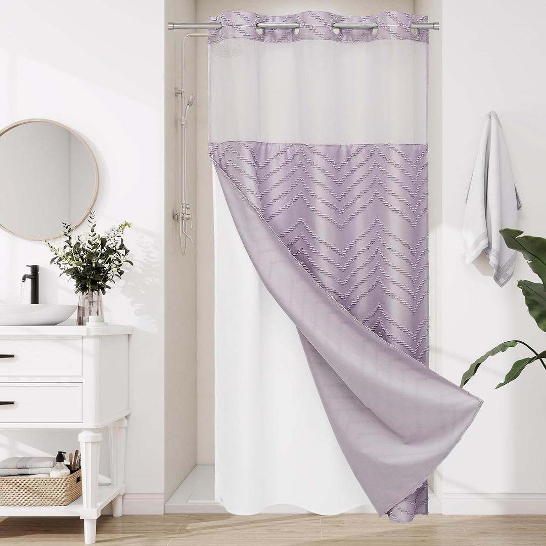 Purple Small Stall Boho Shower Curtain with Snap-in Liner 36 x 74, No Hooks Tufted Chevron Striped Textured Lavender Shower Curtain with See Through Mesh Top Window for Bathroom Decor