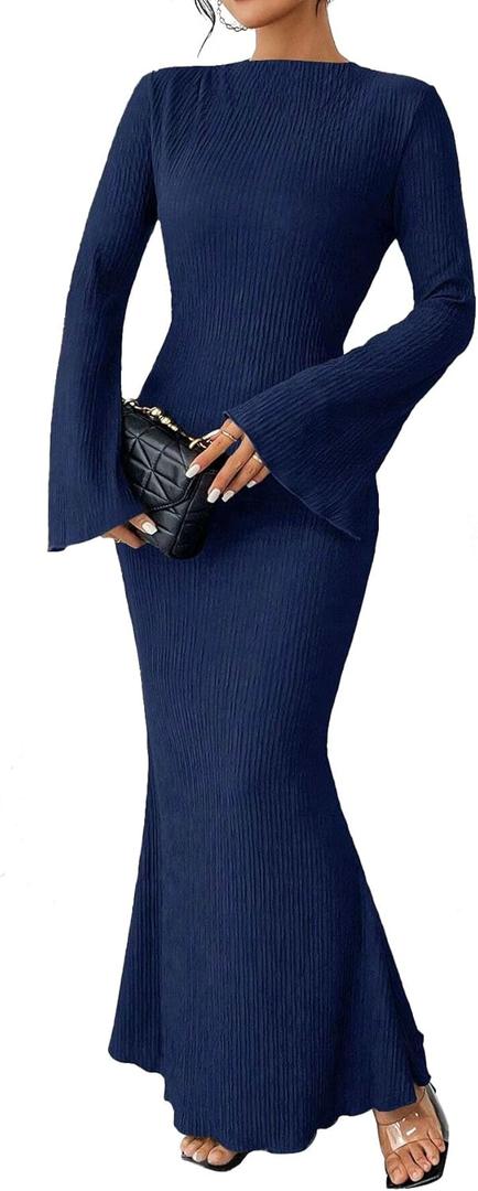 Narecte Fall Dresses for Women 2025 Maxi Dresses Solid Color Boho Dress Flare Sleeve Bodycon Dress (Medium, Navy Blue)