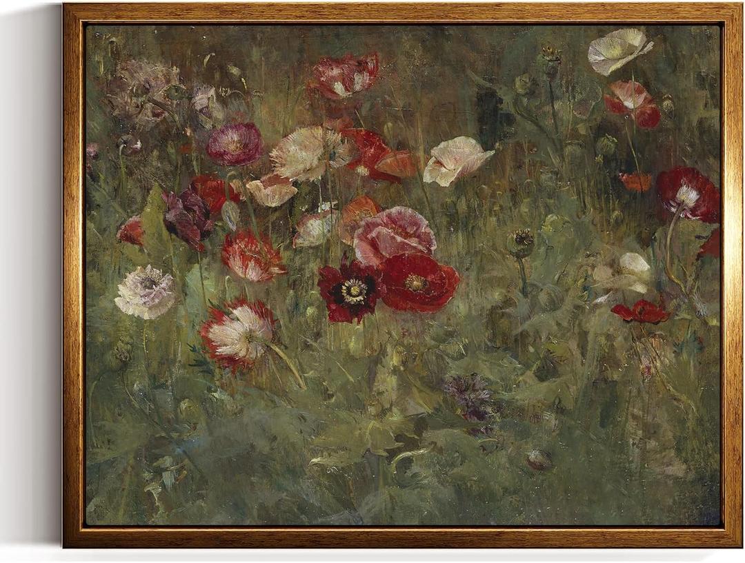 InSimSea Golden Framed Vintage Canvas Wall Art A Bed Of Poppies Red Flower Field Landscape Painting 8x10 inch, Classic Floral Botanical Country Print, Moody Rustic Farmhouse Garden Wall Decor