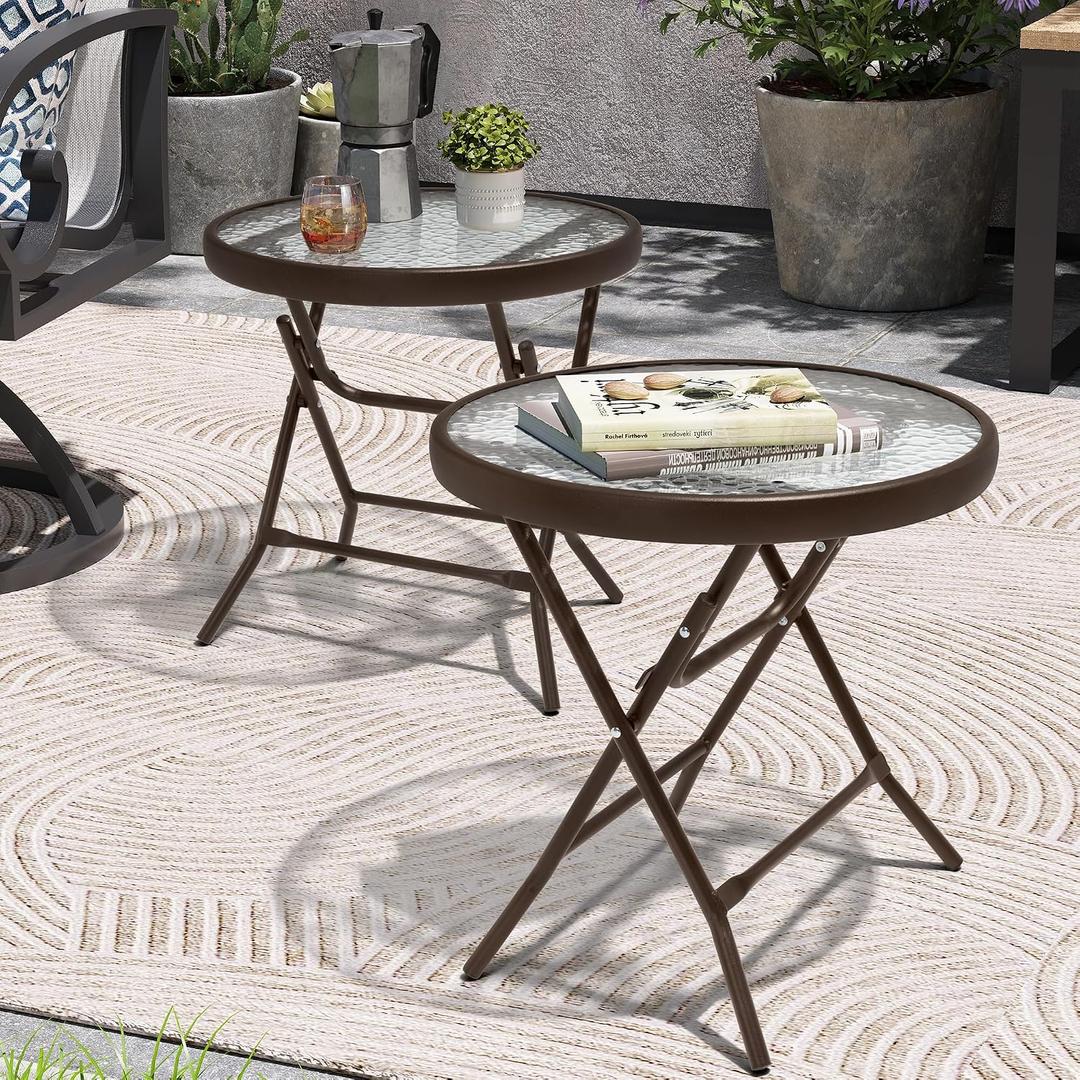 Foldable Patio Side Table Set of 2 with Tempered Glass Top 18" Folding Outdoor Side Tables Set of 2 Small Glass Patio End Tables for Porch Yard Balcony Deck Lawn Dining Garden (Brown)
