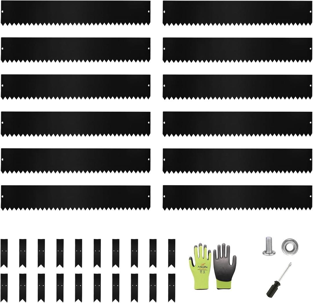 A ANLEOLIFE 12 Pack 40" LX 6"H Galvanized Steel Garden Landscape Edging for Straight & Mild Curved Lines, Hammer-in Metal Lawn Border with Gloves and 10 Stakes (40FT Total) (6 inch tall, 12pcs, Black)