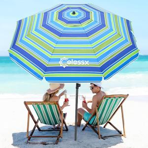 Beach Umbrella for Sand - Windproof Heavy Duty Iron Pole with Sand Anchor, UPF 50+ UV Protection & Tilt Mechanism, Portable Sun Shade Parasol, Carrying Bag for Beach Patio Garden Outdoor