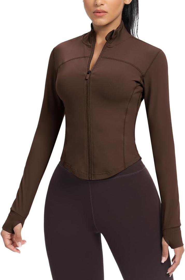 AVGO Women's Cropped Running Workout Jackets Zip Slim Fit Athletic Tops with Thumb Holes(Roasted Brown, S)