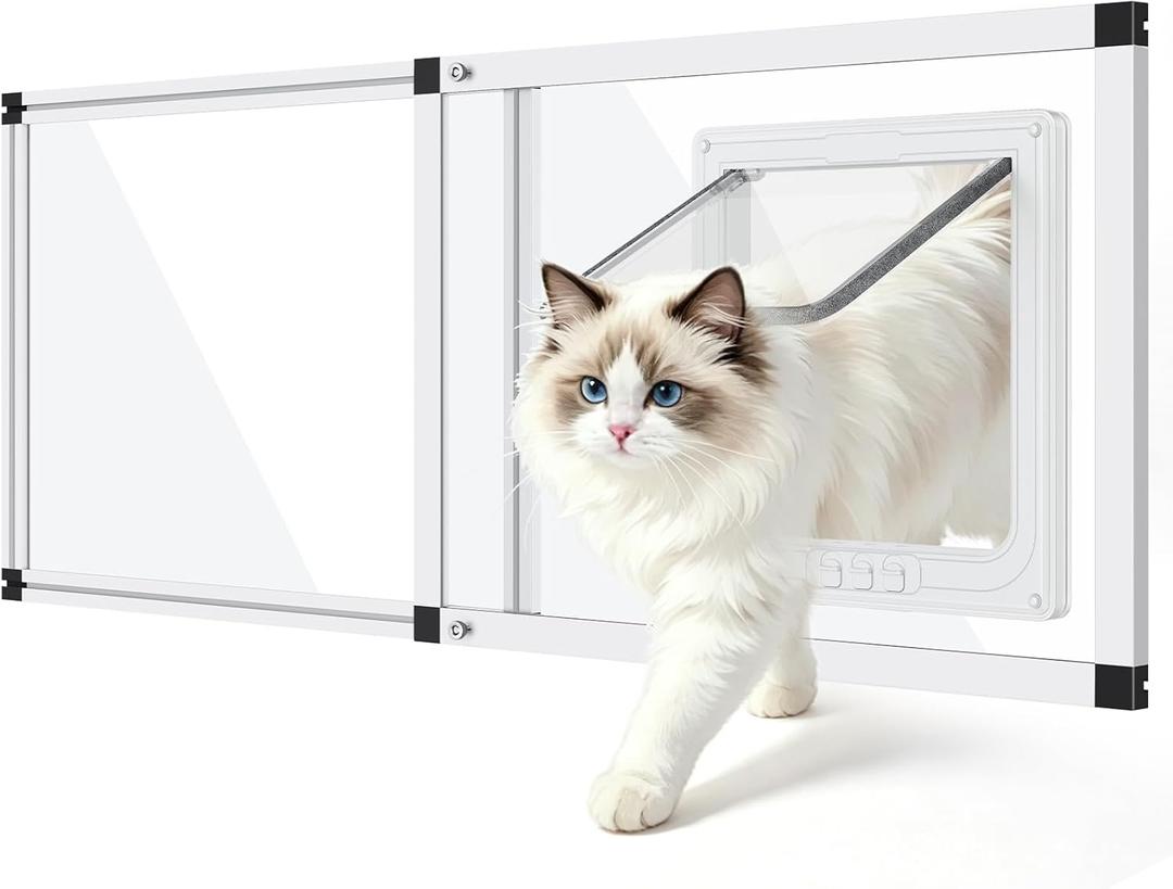 Unbreakable PC Cat Door for Window 100% Polycarbonate | No Metal Frame & Glass | Fits 28.5"-32" Width Window, 1-Min Install, Adjustable Window Cat Door Insert with 4 Locking Models