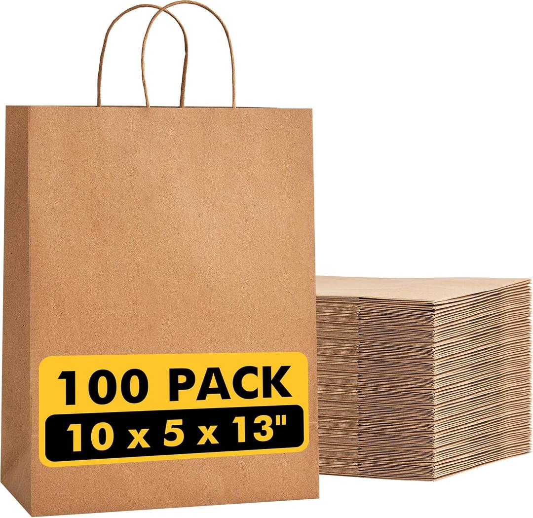 RACETOP 100 Pcs Kraft Shopping Bags 10x5x13 Inch Brown Paper Bags with Handles Bulk, Recycled Paper Gift Bag for Birthday Party Favors Grocery Retail Shopping Business