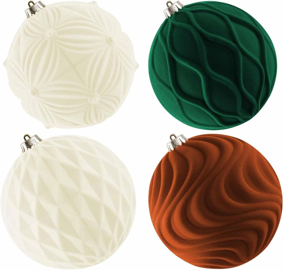 Lanpn 4 Pcs 6" Large Christmas Ornaments, Oversized Velvet Xmas Tree Ball, Big Flocked Christmas Tree Ornament, Shatterproof Plastic Balls for Yard Lawn Holiday Hanging Decor, Neutral Color (Beige-Brown-Dark Green)