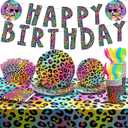 Zonon Cheetah Birthday Decorations Tableware Set Neon Rainbow Leopard Birthday Party Decorations Include Banner, Plates, Napkins, and Tablecloth Etc, for Rainbow Leopard Party Supplies