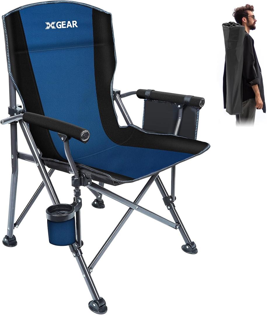 XGEAR Camping Chair with Padded Hard Armrest, Sturdy Folding Camp Chair with Cup Holder, Storage Pockets Carry Bag Included, Support to 400 lbs, 22.83d X 22.83w X 37h in
