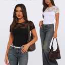 Saslax Women's Lace Bodysuit Crew Neck Short Sleeve Sheer Sexy Slim Fit Going Out Top for Concert Date Night Club Black M