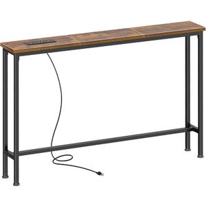 SUPERJARE 5.7 Inch Console Table with Outlet, Sofa Table, Behind Couch Table, 5.7 x 39.4 x 29.7 Inches, Metal Frame, for Living Room, Hallway, Rustic Brown