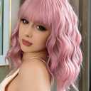 Short Bob Wigs 14" Pink Wigs with Bangs for Women Wavy Shoulder Length Synthetic Wig Colorful Cosplay Daily Party Wigs for Women