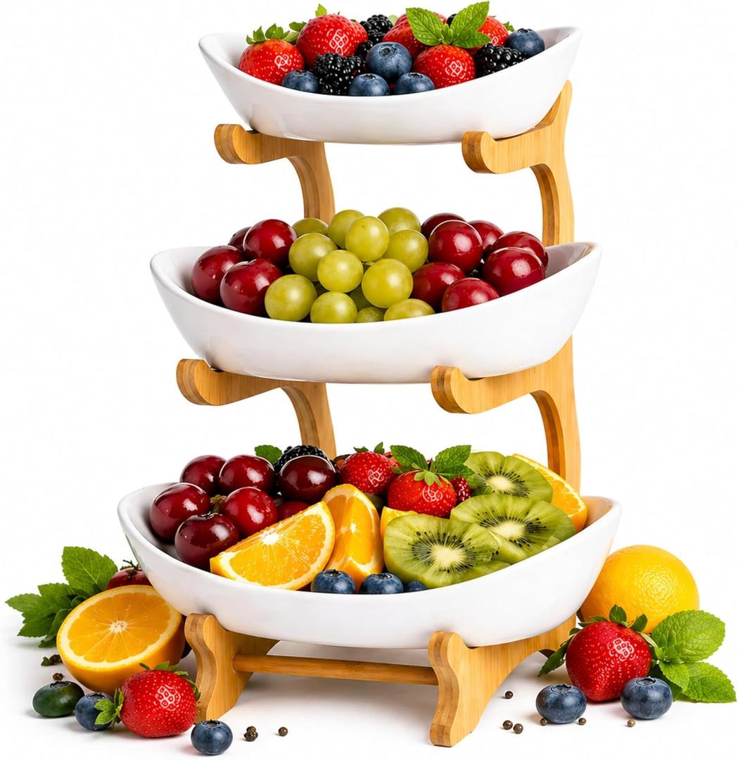 Fruit Bowl Stand 3-Tier, Bamboo Frame with White Porcelain Dishes, Elegant Countertop Organizer for Fruits, Vegetables, Bread, Snacks and Home Kitchen Display