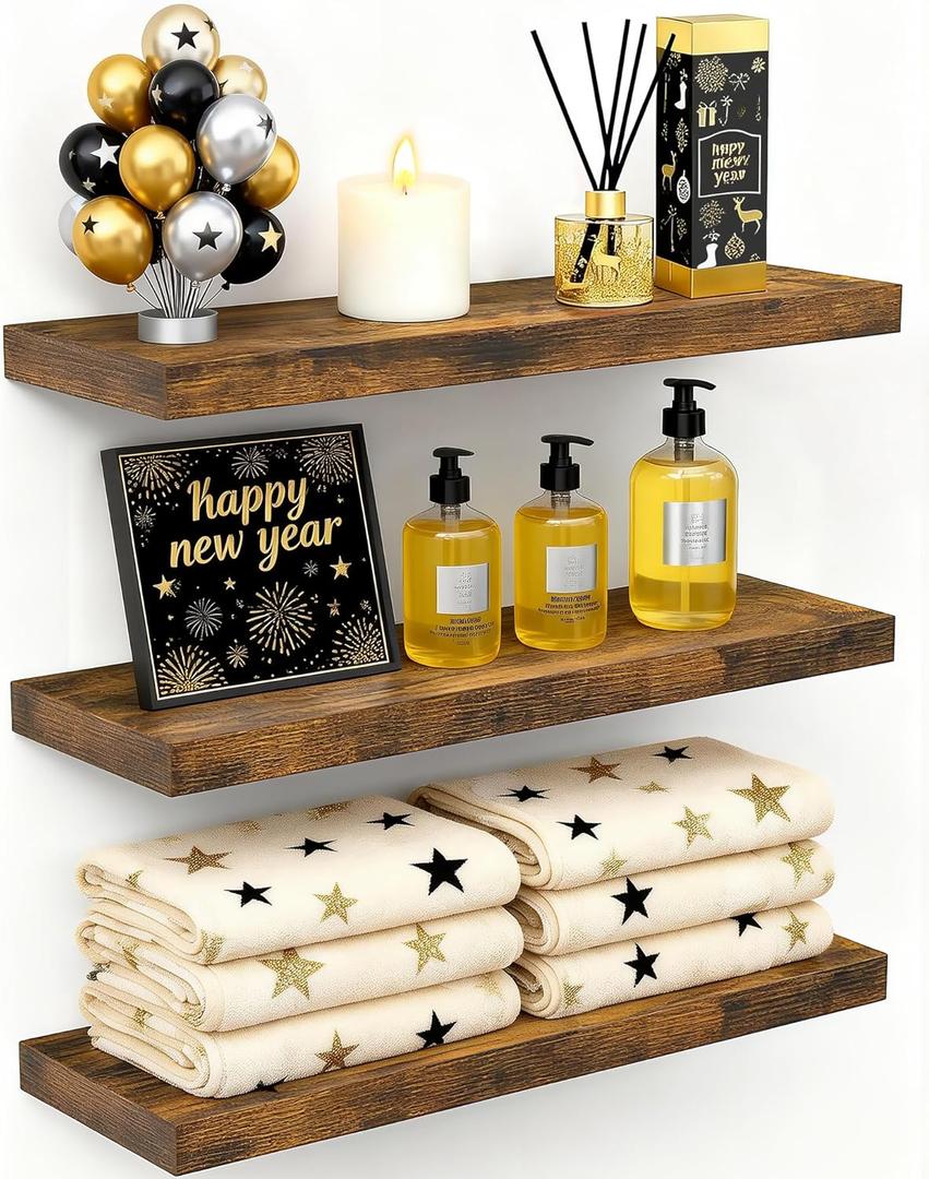 BAYKA Floating Shelves Bathroom for Wall  Shelf Over Toilet Farmhouse Rustic Wood for Bedroom, Kitchen, or Living Room Decor Organization Display Shelving  Rustic Brown, Set of 3 (15.7inches)