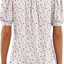Riyiper Women's Short Sleeve Pleated Tops Crew Neck Puff Sleeve Spring Blouses Tunic Top Summer Dressy Casual T Shirt (White)