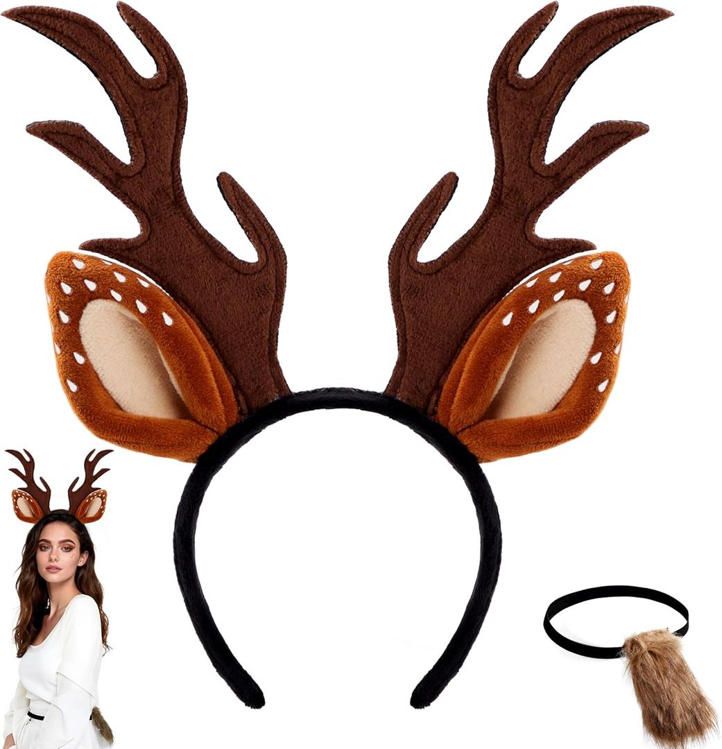 Spooktacular Creations Halloween Reindeer Antlers Headband with Fawn Tail, Deer Antlers Ears Accessories Set for Girls Women, Halloween Party Dress up, Costume, Trick or Treating, Cosplay Decoration