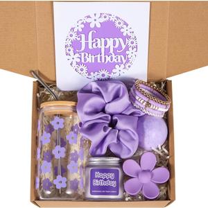 Birthday Gifts For Women, Teen Girl, Her, Happy Birthday Gift Box For Girl, Women, Sister, Daughter, Friends, Cute Daisy Aesthetic Glass Cups Gift Set 7pcs (Purple)