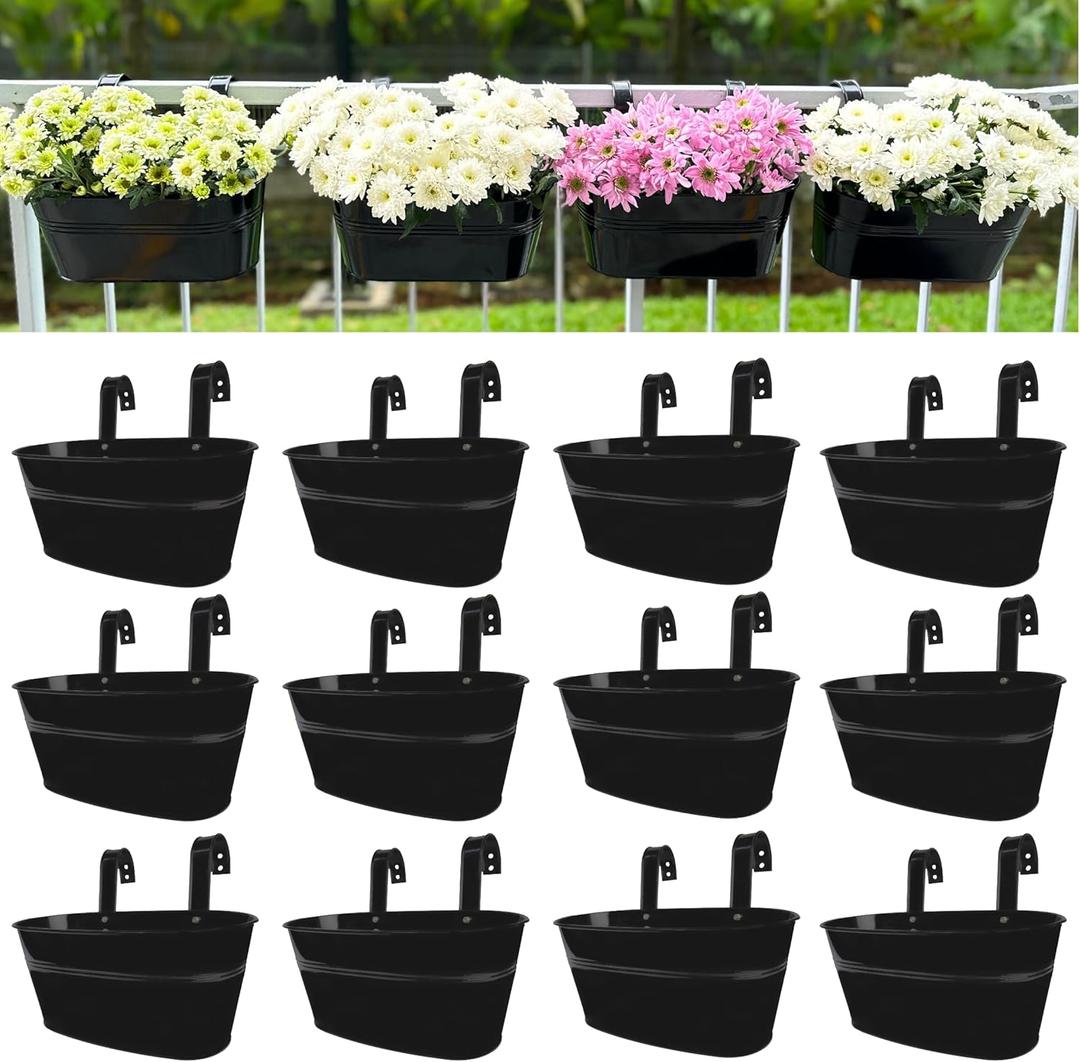 LaLaGreen Rail Planter Outdoor Plants(11.8 Inch, 12 Pack) Black Metal Iron Hanging Flower Pots Deck Railings Fence Buckets Modern Countryside Boho Style Wall Mount Window Box Plant Holder Porch Decor