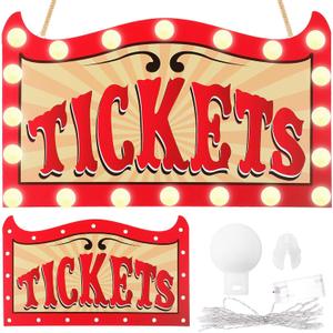 Aurelema 16.5 Inch Lighted Carnival Party Decoration Carnival Ticket Wooden Sign Circus Light Up Hanging Door Decor with 20 LED String Lights for Circus Indoor Outdoor Party Decoration