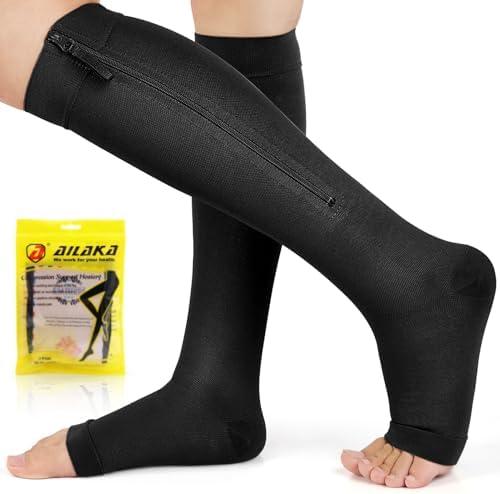 Ailaka Zipper Compression Socks for Women Men, 20-30 mmHg Open Toe Compression Socks Knee High, Ted Hose Compression Stockings for Edema, Varicose Veins M