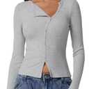 QINSEN Button Up Ribbed T Shirts for Women Long Sleeve Crew Neck Slim Fit Y2k Top Light Grey M