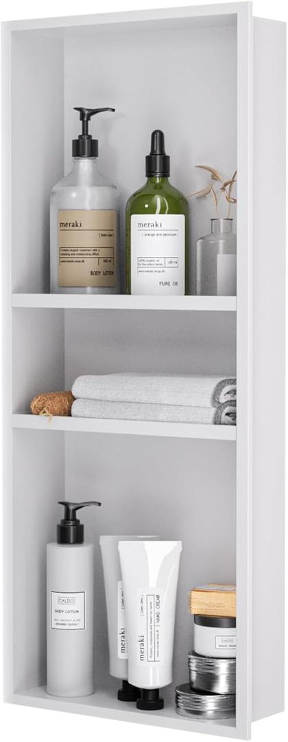 Stainless Steel Shower Niche 12" x 30", 3-Tier Shower Niches No Tile Needed, Recessed Niche for Shower Wall, Shower Niche Shelf for Bathroom Storage, White