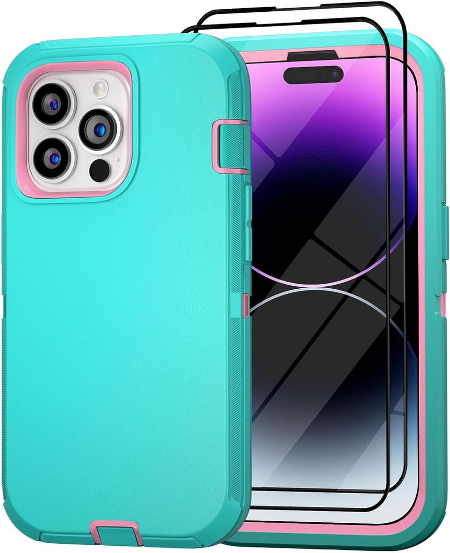 for iPhone 14 Pro Max Case 6.7" with 2 Screen Protector, Full Body Heavy Duty Military Grade Cover, Shockproof/Drop Proof Protection Phone Case (Mint Pink)