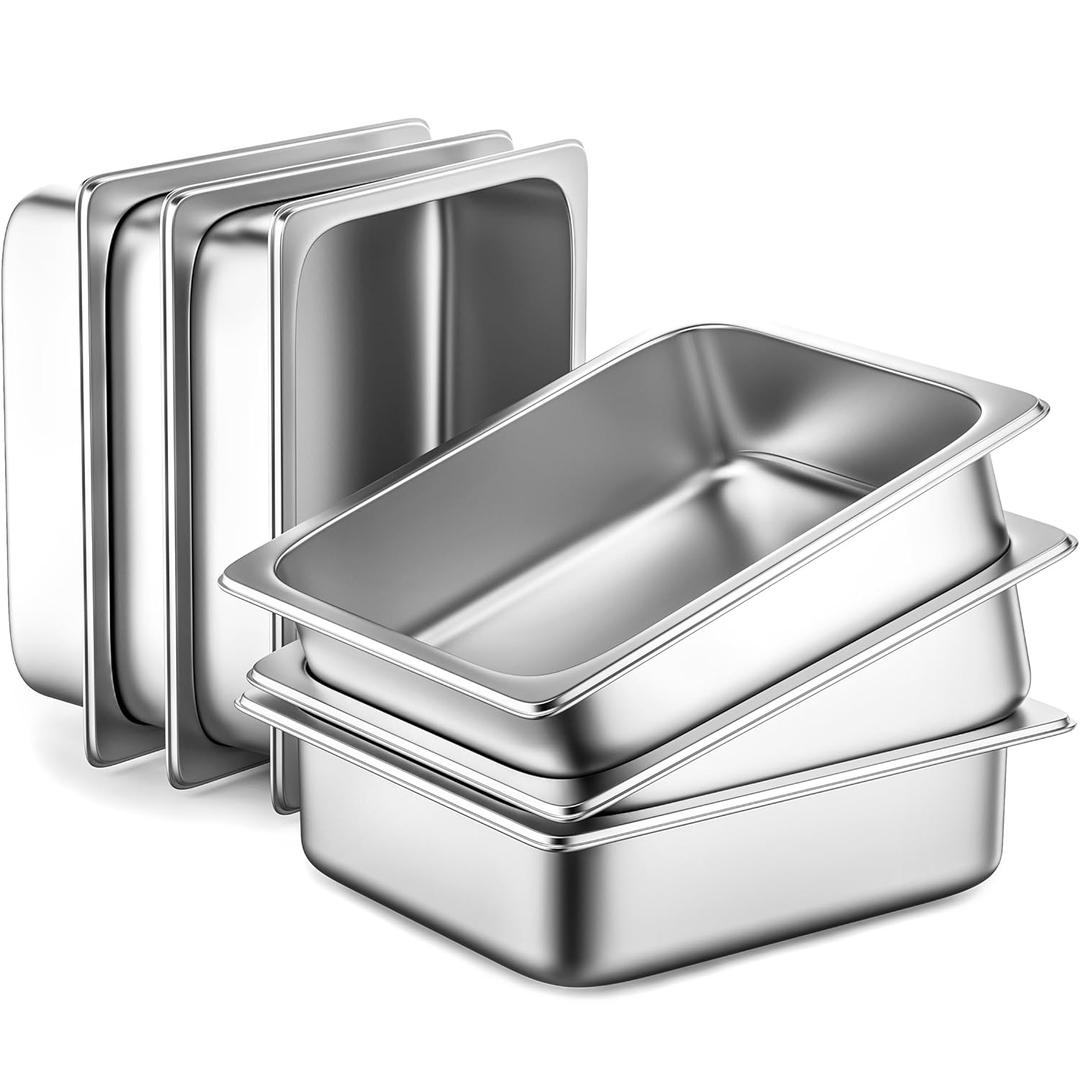 ZeroPone 6 Pack Hotel Pans, 1/2 Size 4" Deep Stainless Steel Steam Table Pan, 12.8" L x 10.4" W Anti Jam Commercial Catering Food Pans for Hotel, Home, Party, Restaurant, Buffet