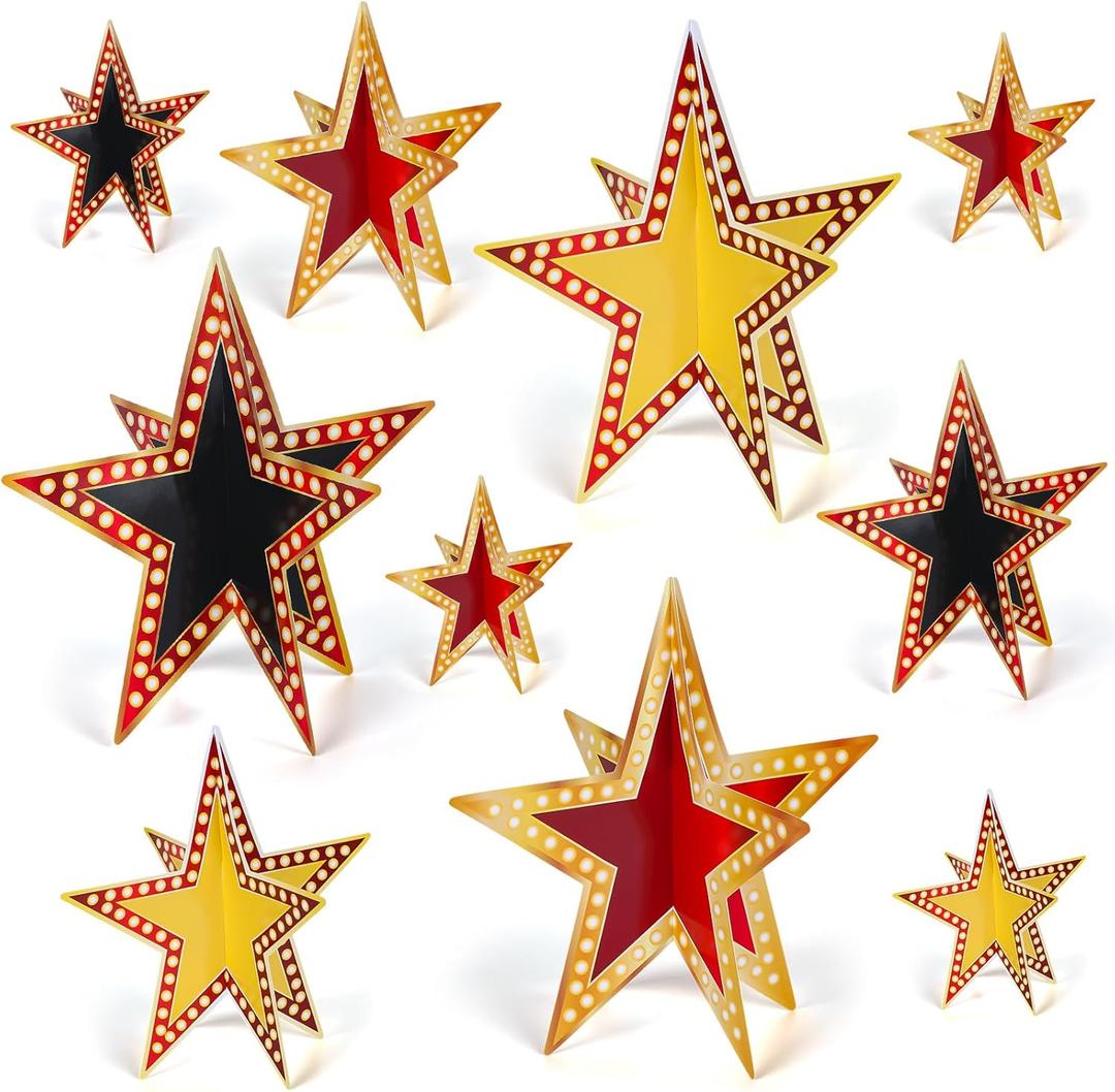 Sinload 45 Pcs 3D Glitter Star Decorations Graduation Black Gold Yellow Centerpiece 3 Sizes Standing Hanging Back to School Work Star Decor for End of Year School Centerpiece Movie Night Party Decor (Multicolor)