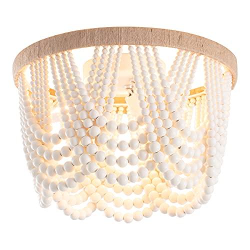 VILUXY Bohemia Wood Beaded Flush Mount Ceiling Light Antique Rustic Mini Chandelier White Finishing for Bedroom,Nursery Room, Girl Room, Hallway, Entryway, Passway, Dining Room, 3-Light UL Listed
