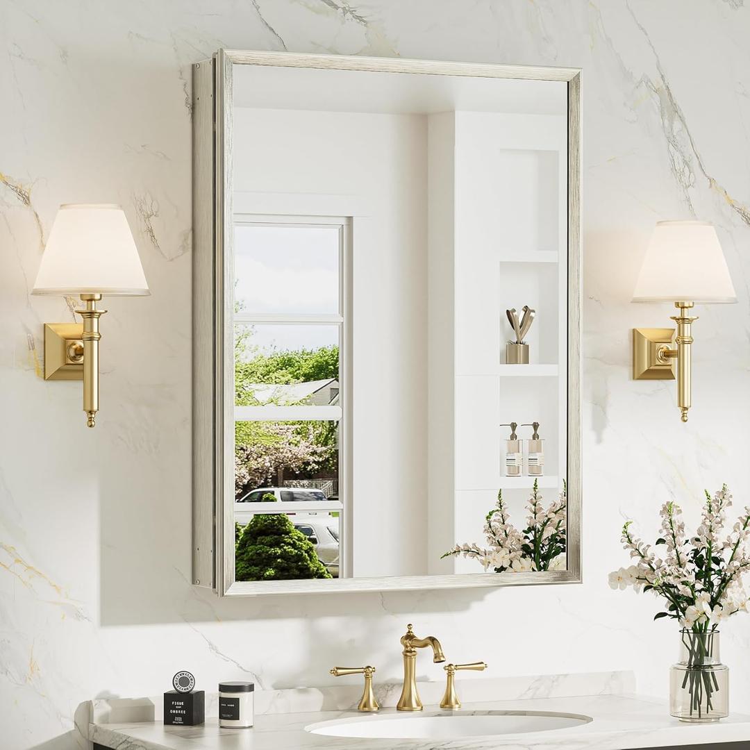 TokeShimi 24 x 32 Brushed Nickel Medicine Cabinet with Mirror, Assembly Required, Bathroom Mirror Medicine Cabinet Wall Mounted, Lightweight, Stepless Adjustable Shelves, Beveled Aluminum Frame