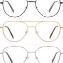 3-Pack Retro Aviator Reading Glasses for Men Women Trendy Square Blue Light Blocking Computer Readers Metal AM6092A (Shiny Black+gold+silver)