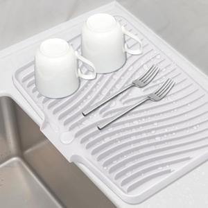 TIKNIK Silicone Dish Drying Mat, Stone Drying Mat for Kitchen Counter with Built-In Drain, Non-Slip Drain Pad with Built-in Drain, Heat Resistant Stone Drying Mat, Hangable, White-1pcs, 20" x 15"