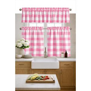 Buffalo Check Tier Curtains with Valance 3 Piece Set, 26x36 Tier Panels and 54x18 Valance, Farmhouse Rod Pocket Kitchen Window Curtains Dcor, Rose Pink