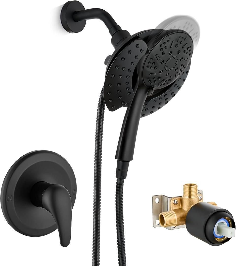 Single Handle Shower Faucet Set with Valve,Shower Trim Kit with 9-Spray 2-in-1 Dual Hand Held Shower Head with Hose Included without Tub Spout Matte Black