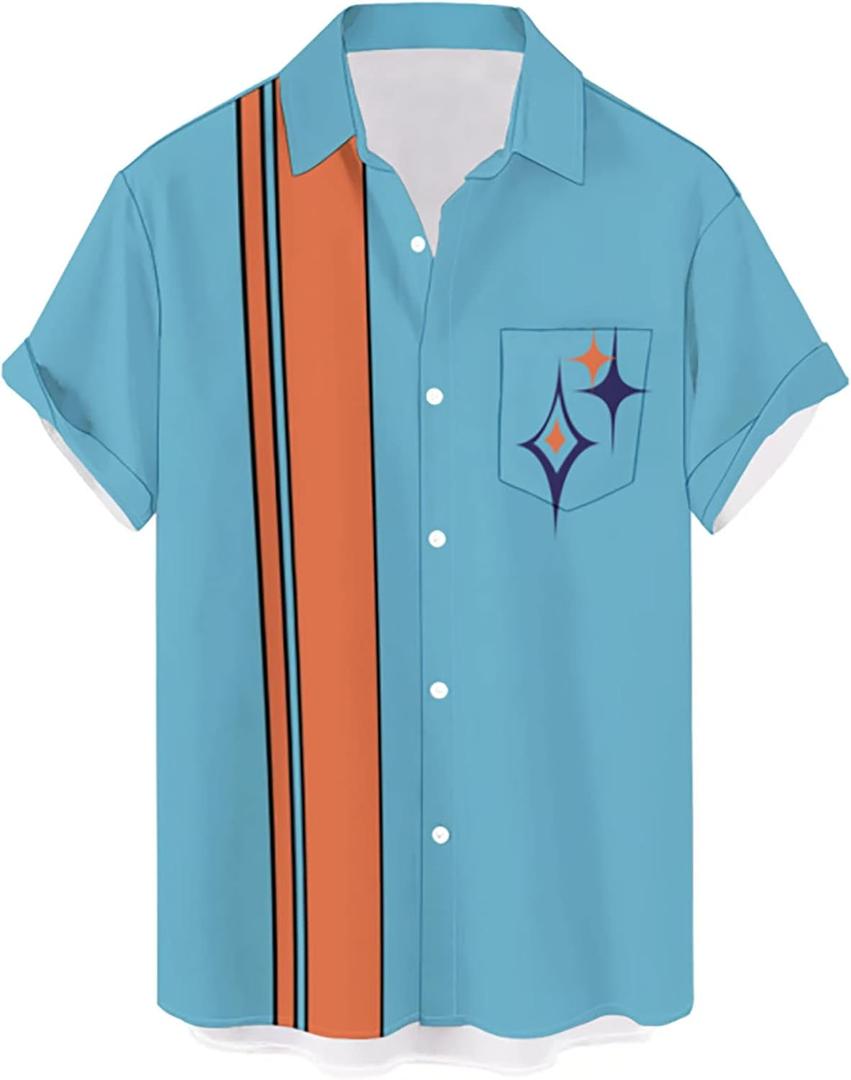 QIVICIMA Men's Retro Bowling Shirts 50s Rockabilly Style Button Down Shirts Vintage Style Camp Shirt (Large)