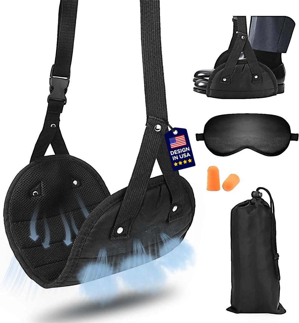 Portable Airplane Foot Hammock(Memory Foam)-Ultimate Comfort Bundle w/Sleep Mask & Ear Plugs, Foot Hammock for Plane Travel Essentials to Relax Your Feet, Airplane Foot Rest Perfect for Long Flight (Black Suit)