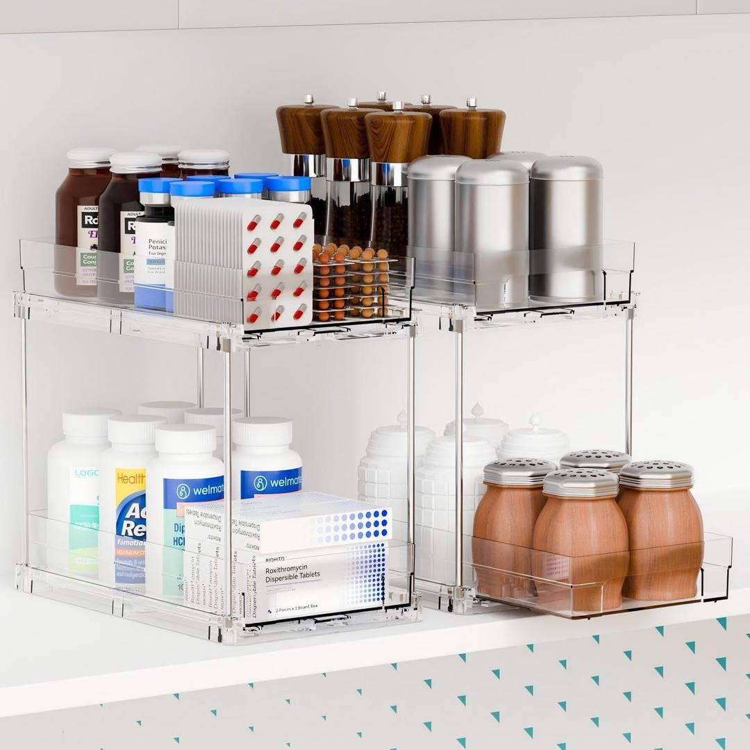 2 Set,2 Tier Pull Out Cabinet Organizer for Supplement and Medication Bottle Organizers,10.4" Deep Pantry Organizers Drawer and Sliding Clear Under Sink Organizer for Bathroom Vanity and Under Counter