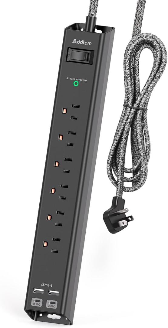 Surge Protector Power Strip - Extension Cord with Addtam 6 AC Outlets 4 USB (2 USB-C Ports), 1875W/15A, Flat Plug with Overload Surge Protection, Outlet Extender for Home Office Dorm Room Essentials