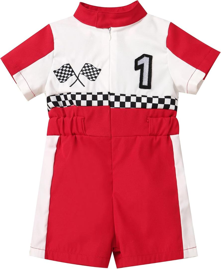 IBTOM CASTLE 1st Birthday Outfit Boys Girls Race Car Driver Fast One Birthday Cake Smash Photoshoot Clothes Short Sleeve Racer Romper One Year Old Party Decoration Red-1 12-18 Months