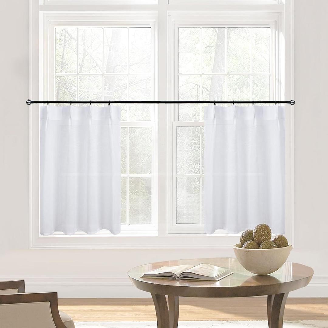 Short Curtains for Windows,Semi Sheer White Linen Cotton Privacy Light Filtering Cafe Length Small Pinch Pleated Curtains for Living Room Bathroom with Hooks,24 x 24 Inch Long (24"W x 24"L (Pack of 2))