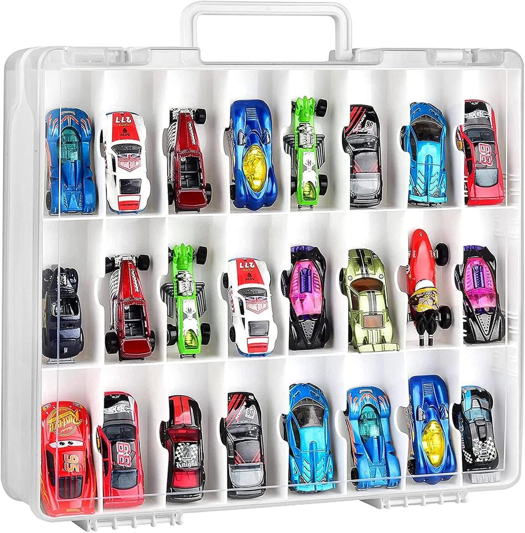 ALCYON Double Sided Toy Storage Organizer Case for Hot Wheels Car, Matchbox Cars, Mini Toys, Small Dolls, Carrying Box Container Carrier with 48 Compartments - Upgrade (Box Only) (White)