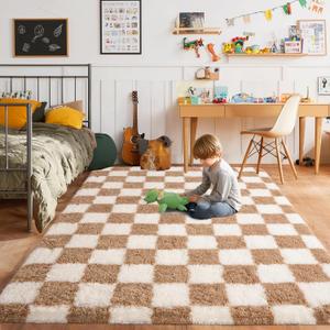 Pionblank Fluffy Area Rug for Bedroom 5x7, Modern Indoor Shag Carpet, Soft Plush Non Slip Checkered Rugs for Living Room Kids Room Home Decor, Beige and Cream White