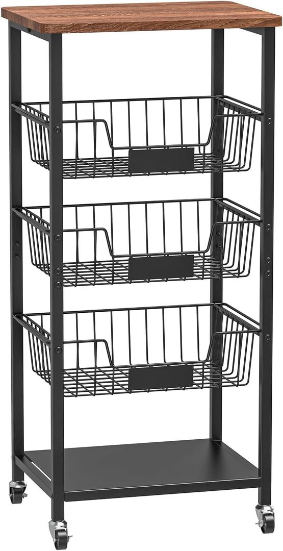 Hastatii Kitchen Storage Cart, Kitchen Basket, 5-Tier Utility Organizer with Baskets and Wood Top, Rolling Snack Cart with Wheels, Metal Black
