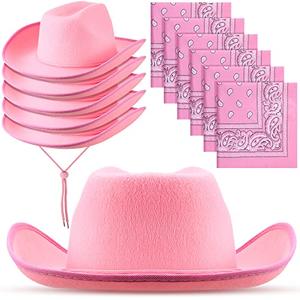 Coume 3 Sets Western Cowboy Hats with Bandanas for Women Men Bulk Adjustable Felt Cowgirl Hats for Adults Costume Party(Pink)